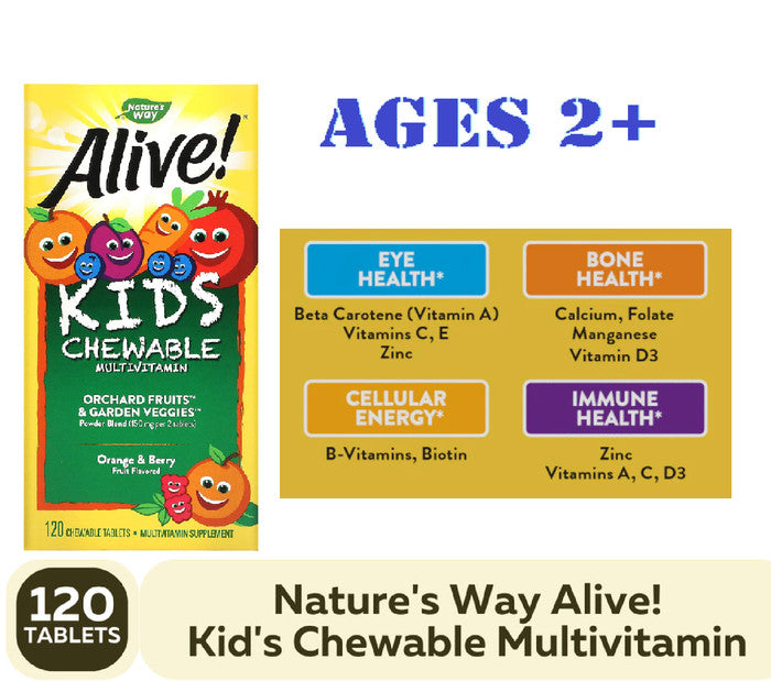 Alive! Kids, Chewable Multivitamin, Orange & Berry Fruit, 120 Chewable Tablets