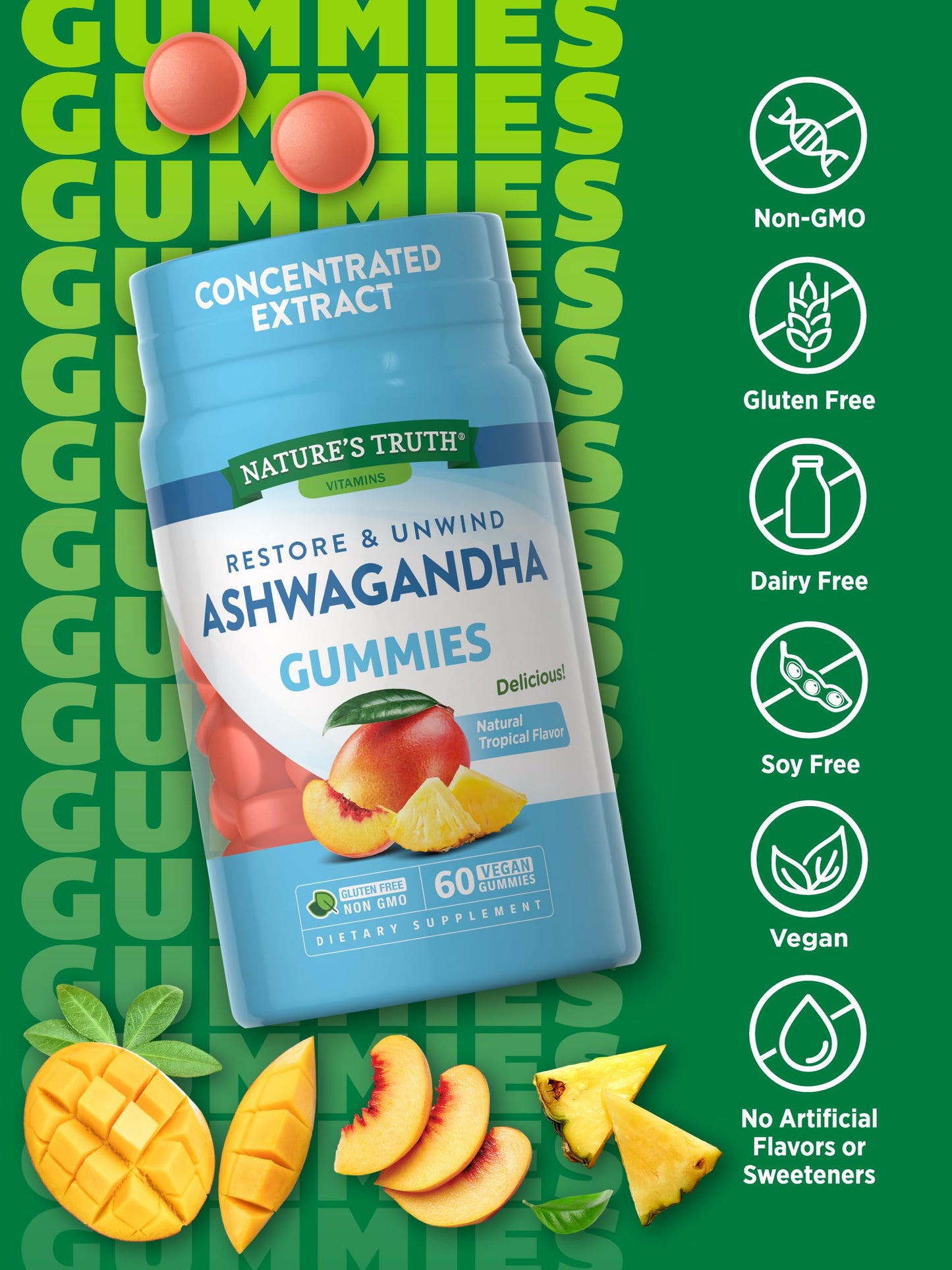 Nature's Truth Ashwagandha, Natural Tropical, 60 Vegan Gummies