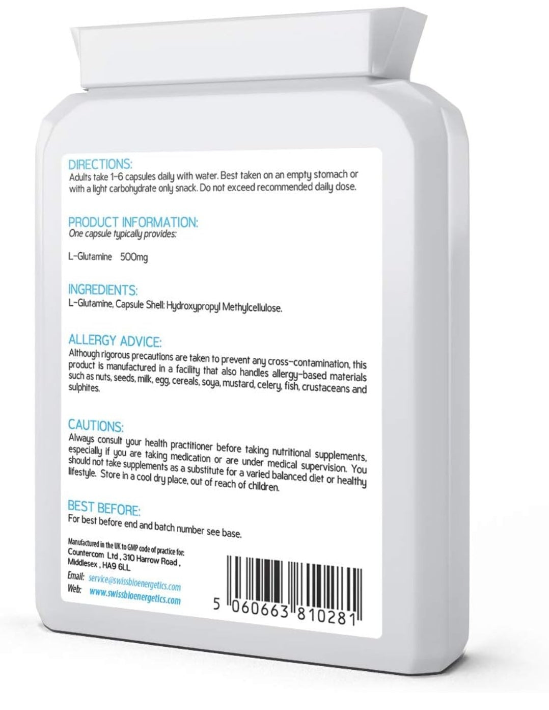 L-Glutamine 500mg - (Pure Amino Acid with no fillers or Binders)