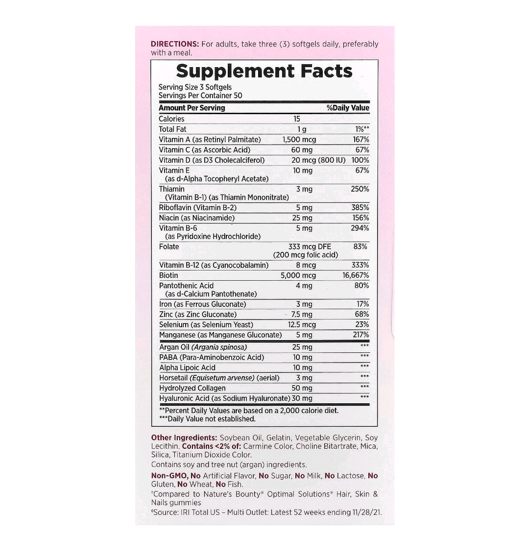 Nature's Bounty Advanced Hair, Skin & Nails, Argan-Infused Vitamin Supplement with Biotin and Hyaluronic Acid