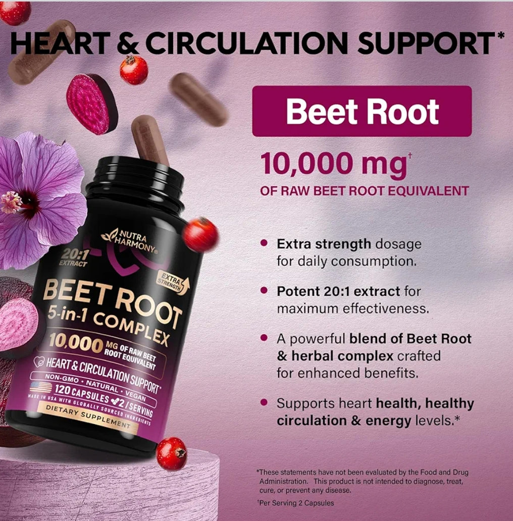Nutraharmony Beet Root 5-in-1 Complex Capsules - Healthy Blood Pressure Support Supplement