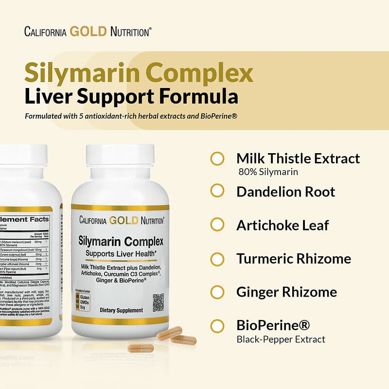 California Gold Silymarin Complex, Milk Thistle Extract Plus Dandelion, Artichoke, Curcumin C3 Complex, Ginger, and BioPerine Capsules