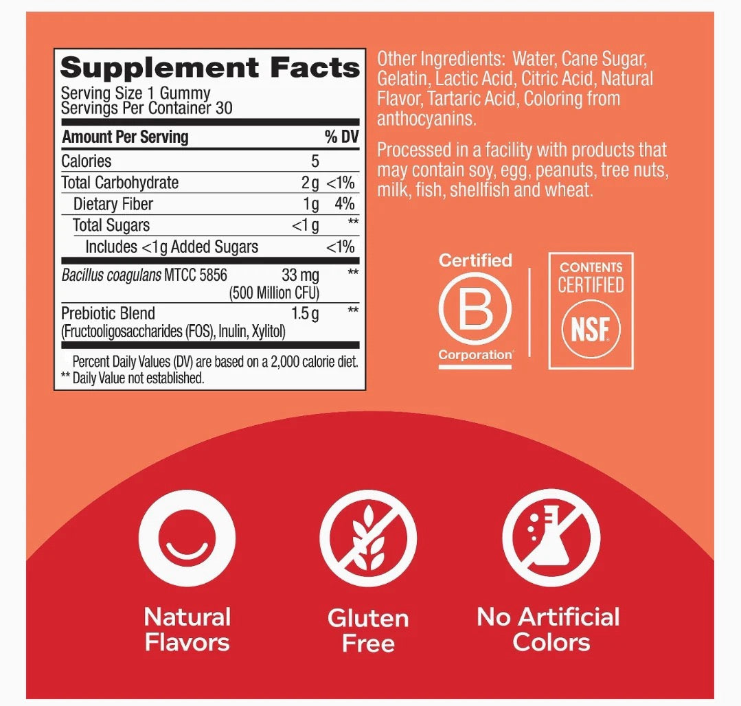 OLLY Probiotic + Prebiotic Gummy, Digestive Support and Gut Health, 500 Million CFU
