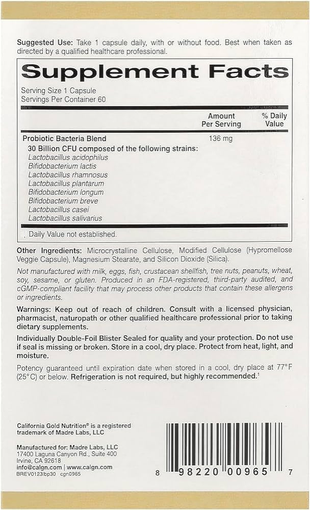 California Gold nutrition Lactobif 30 probiotics 30 billion CFU