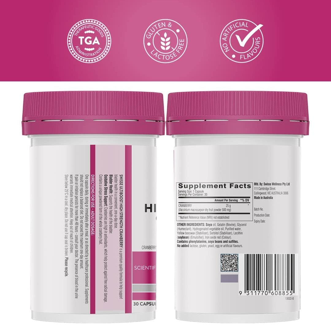 SWISSE High Strength Cranberry for PCOS, PCOD & UTI | 25000mg Cranberry Extract, Antioxidant Rich Supplement Supports Bladder & Kidney Health