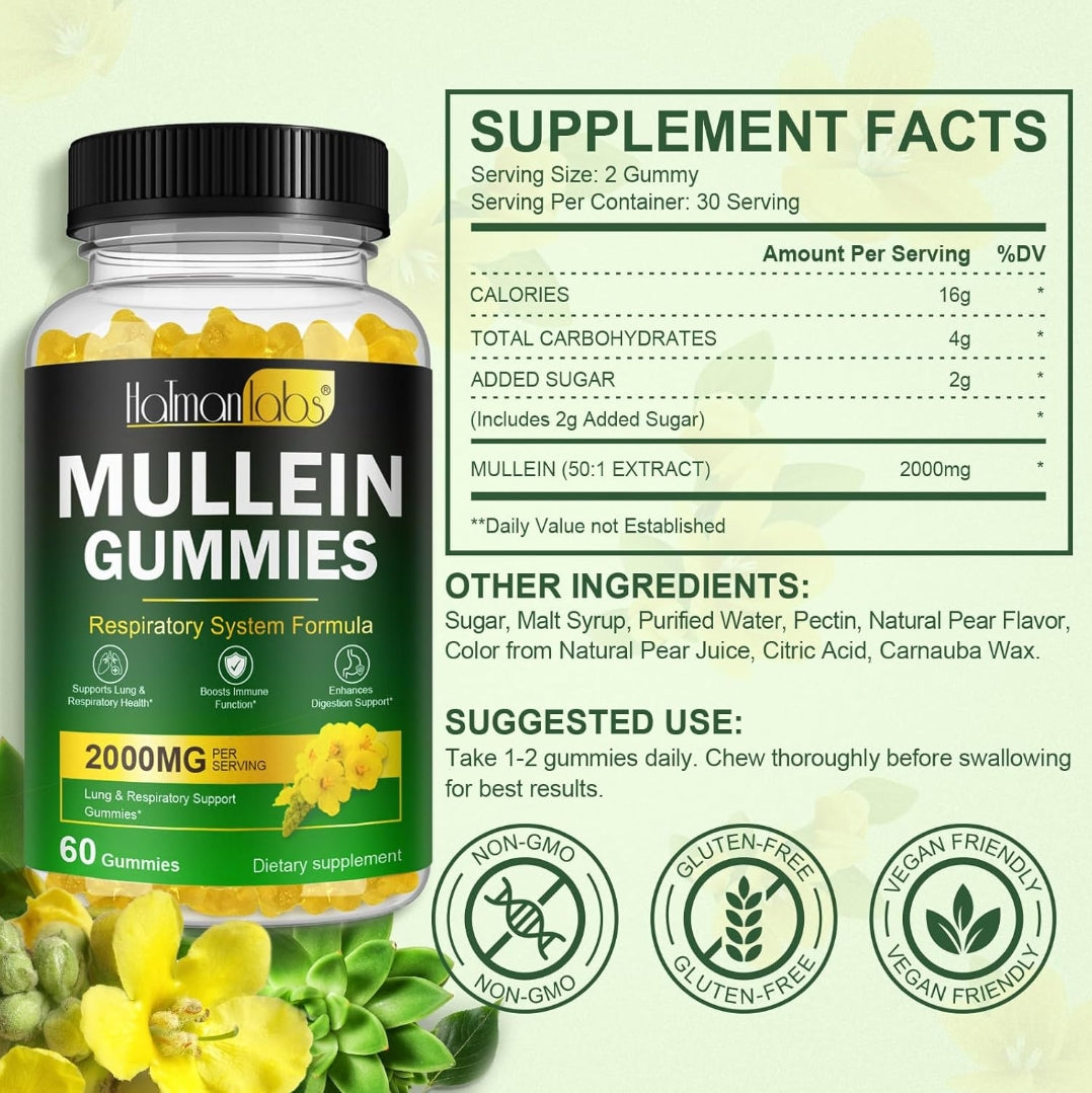 Mullein Gummies - Mullein Leaf Extract for Lungs, Mullein Leaf Gummies 2000mg