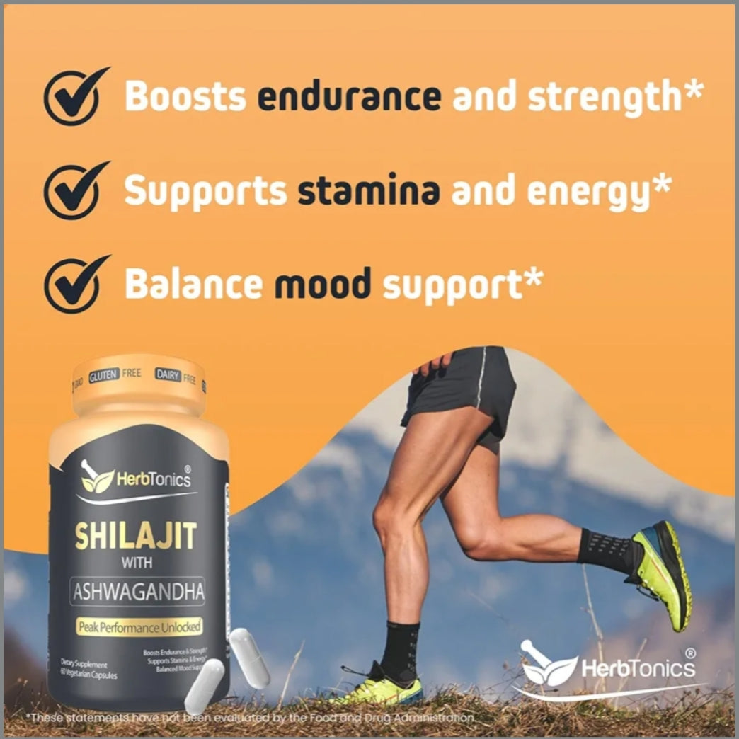 Herbtonics Shilajit with Ashwagandha, Korean Red Ginseng, Rhodiola Rosea, Ginkgo Biloba, Tongkat Ali | Fulvic Acid & Minerals