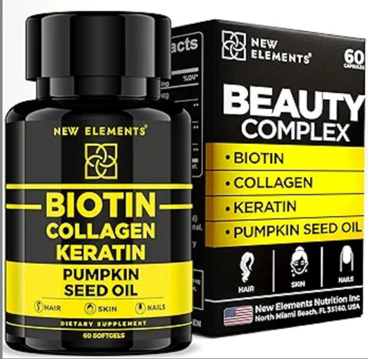 New Elements Biotin Supplement with Collagen Peptides Keratin and Pumpkin Seed Oil