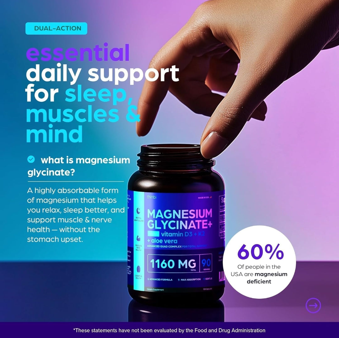 Thinbi Magnesium Glycinate 1160mg + Aloe Vera, D3 & K2 Complex