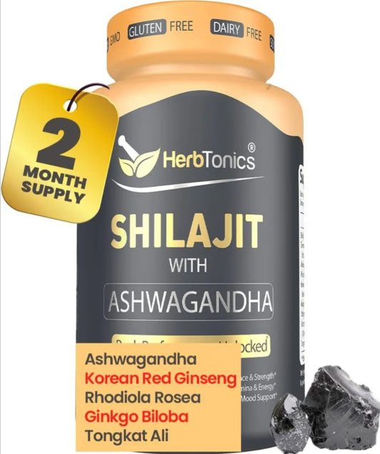 Herbtonics Shilajit with Ashwagandha, Korean Red Ginseng, Rhodiola Rosea, Ginkgo Biloba, Tongkat Ali | Fulvic Acid & Minerals
