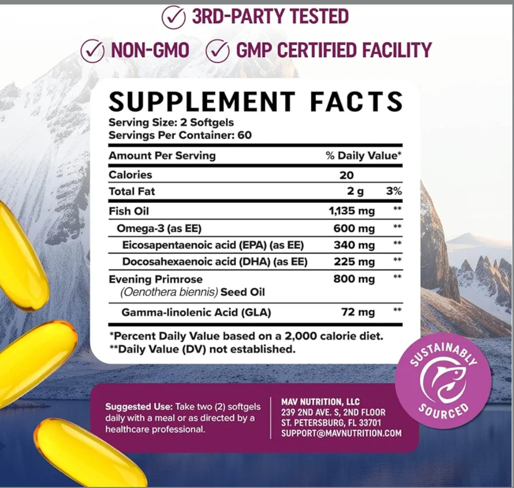Mav Nutrition Omega 3 Supplement for Women | Fish Oil with Evening Primrose