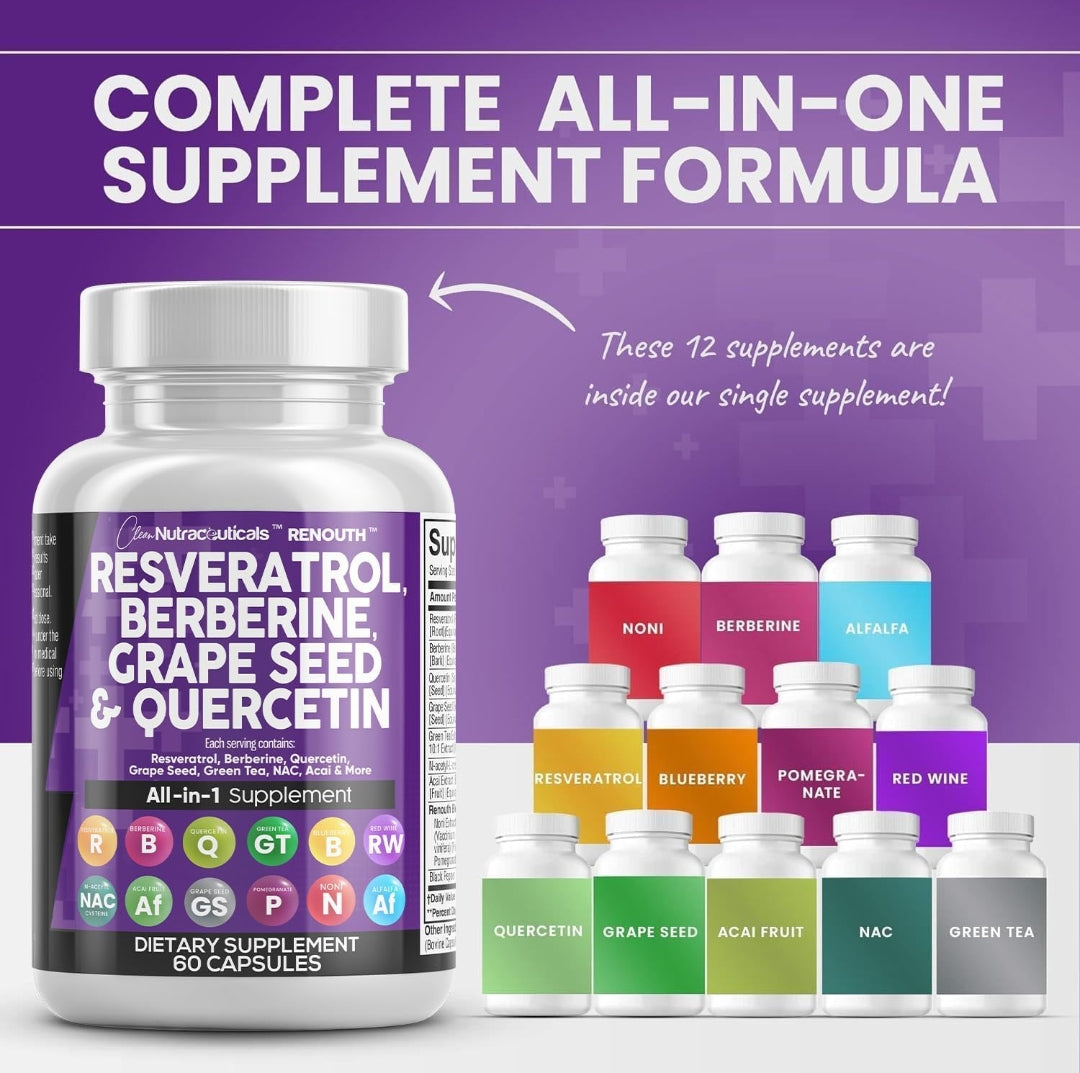 Clean Resveratrol Supplement | Berberine Grape Seed Extract Quercetin Green Tea Extract