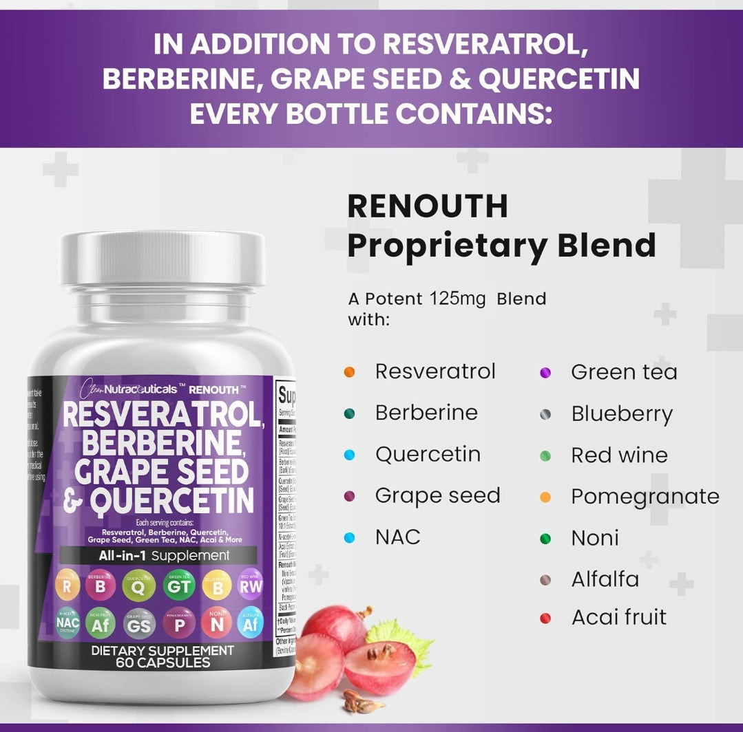 Clean Resveratrol Supplement | Berberine Grape Seed Extract Quercetin Green Tea Extract