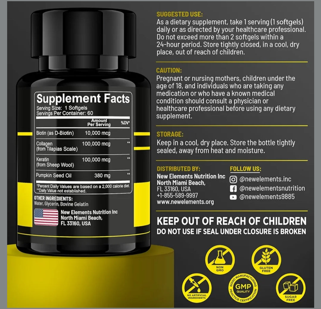 New Elements Biotin Supplement with Collagen Peptides Keratin and Pumpkin Seed Oil