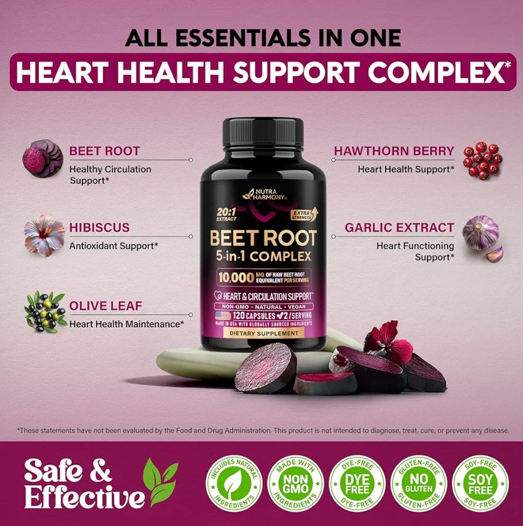 Nutraharmony Beet Root 5-in-1 Complex Capsules - Healthy Blood Pressure Support Supplement
