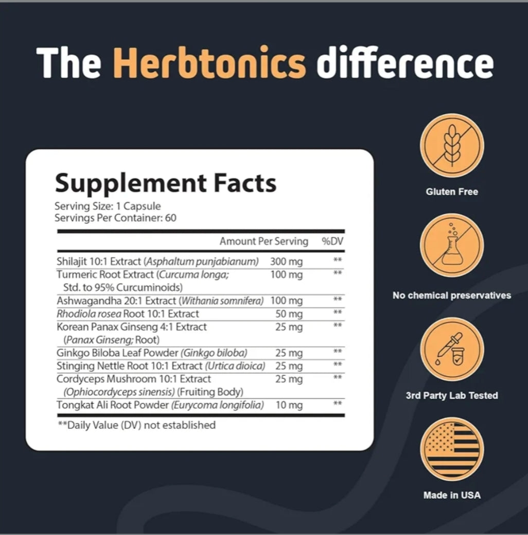 Herbtonics Shilajit with Ashwagandha, Korean Red Ginseng, Rhodiola Rosea, Ginkgo Biloba, Tongkat Ali | Fulvic Acid & Minerals
