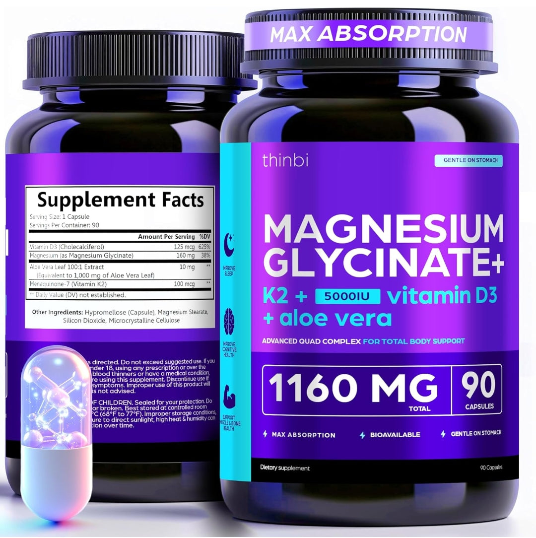 Thinbi Magnesium Glycinate 1160mg + Aloe Vera, D3 & K2 Complex