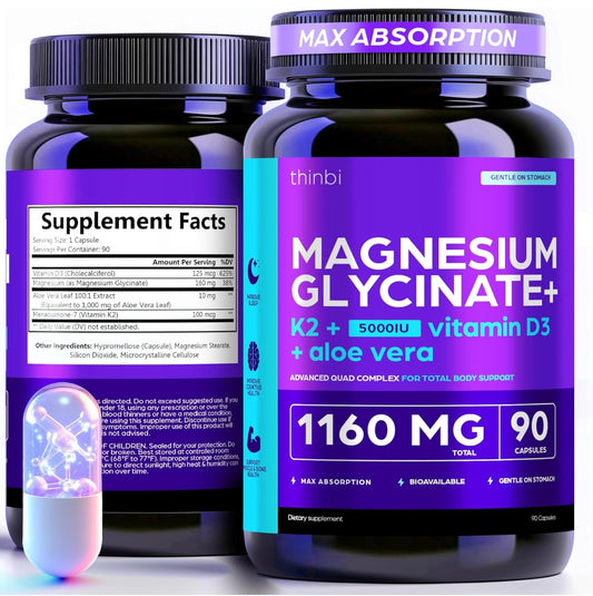 Thinbi Magnesium Glycinate 1160mg + Aloe Vera, D3 & K2 Complex