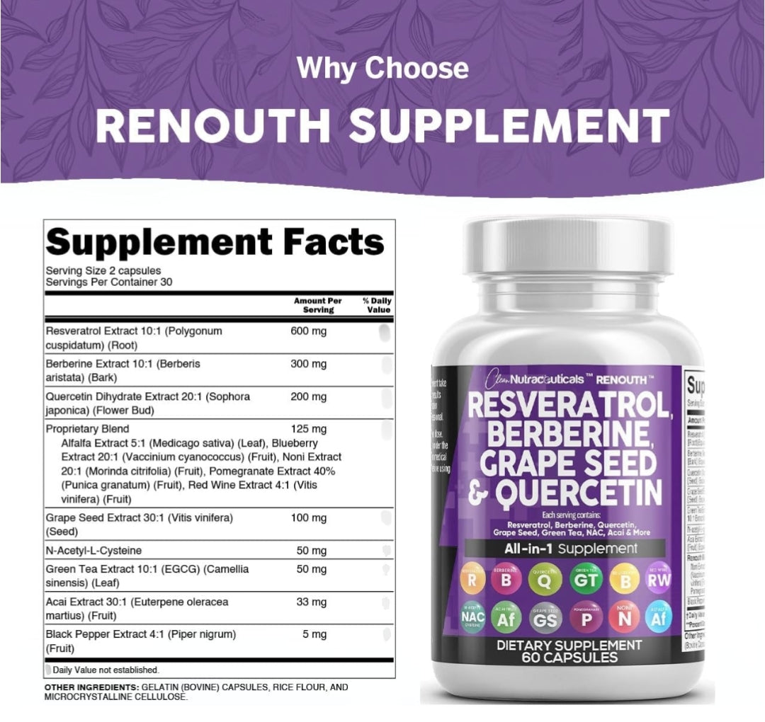 Clean Resveratrol Supplement | Berberine Grape Seed Extract Quercetin Green Tea Extract