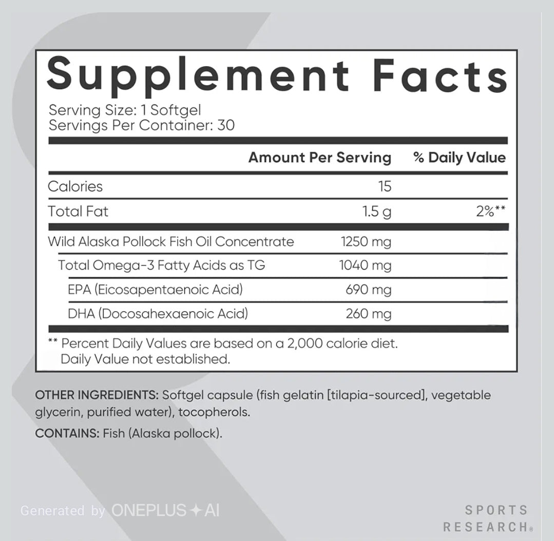 Sports Research® Omega-3 Fish Oil 1250mg from Wild Alaska Pollock